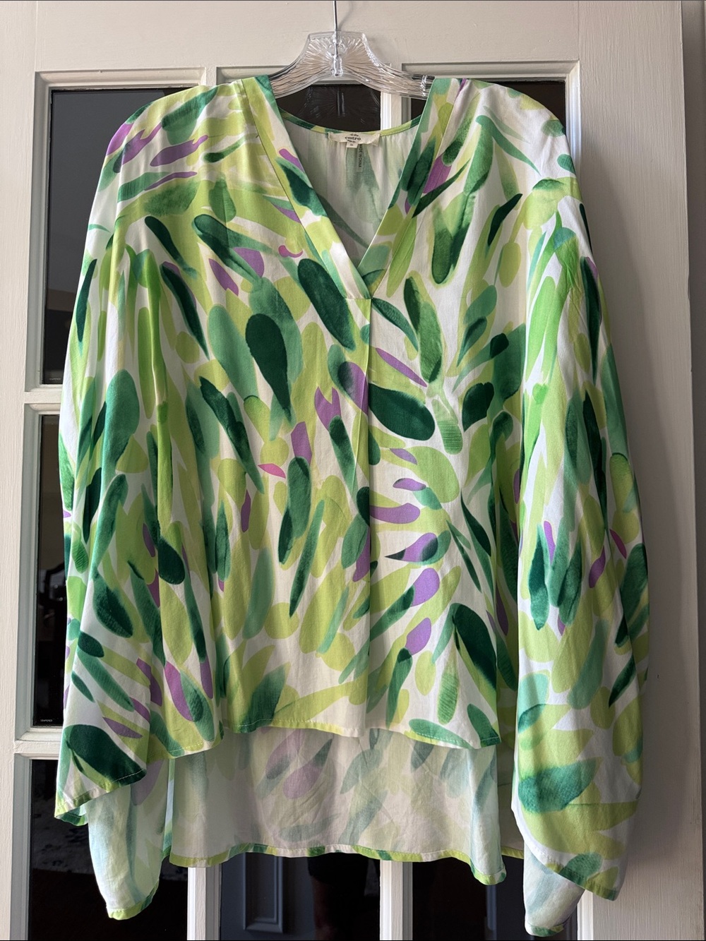 entro Green & Purple Watercolor Leaf V-Neck Blouse